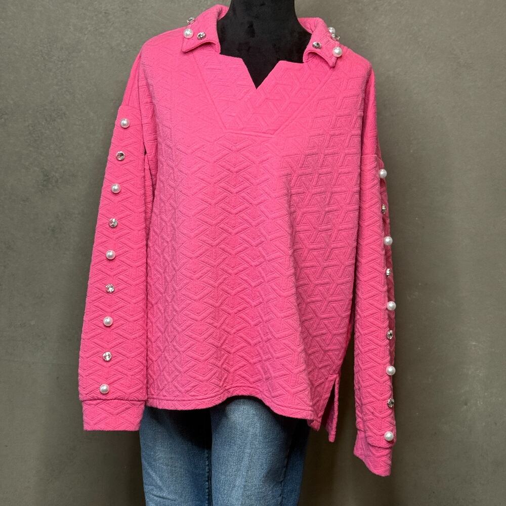 Simply Southern Pink Textured Collared Pullover Pearl Rhinestone Sleeves XL
